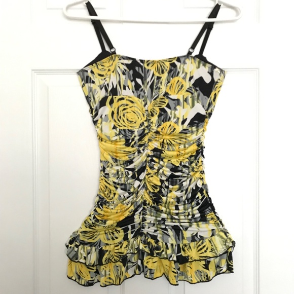 Rare Y2K Seduction Ruched Spaghetti Strap Top XS/S Fit Ruffle Hem Yellow Black - Picture 8 of 10